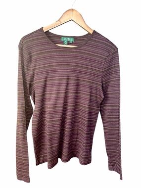 Lauren Ralph Lauren Striped Long Sleeve Top Brown Purple Ribbed Cotton XL